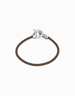 Pulsera de cuero marrón con mosquetón entrelazado en plata