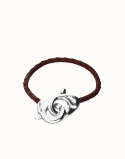Pulsera de cuero marrón con mosquetón entrelazado