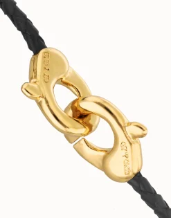 Pulsera de cuero negro con mosquetón entrelazado