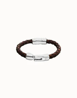 Pulsera de cuero trenzado marrón y detalle bañado en plata de ley