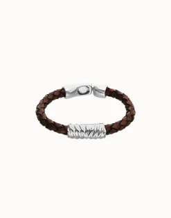 Pulsera de cuero trenzado marrón y detalle bañado en plata de ley