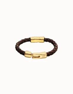 Pulsera de cuero trenzado marrón y detalle bañado en oro 18k