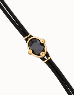 Pulsera de cuero y baño en 18k con cristal facetado ovalado negro