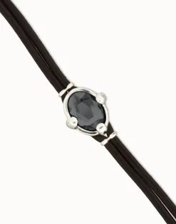 Pulsera de cuero y baño en plata con cristal facetado ovalado negro