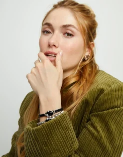 Pulsera de cuero y baño en plata con cristal facetado ovalado negro