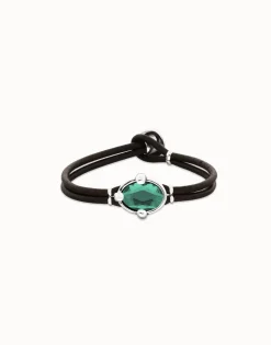 Pulsera de cuero y baño en plata con cristal facetado ovalado verde
