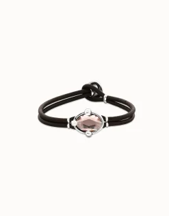 Pulsera de cuero y baño en plata con cristal facetado ovalado rosa