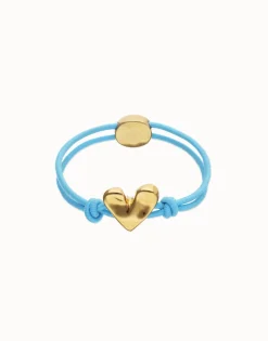 Pulsera de hilo elástico azul con corazón bañado en oro 18k