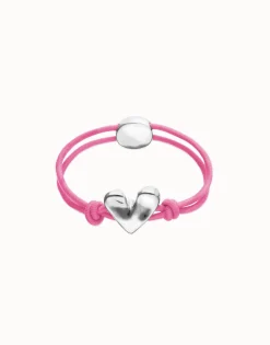 Pulsera de hilo elástico rosa con corazón bañado en plata de ley
