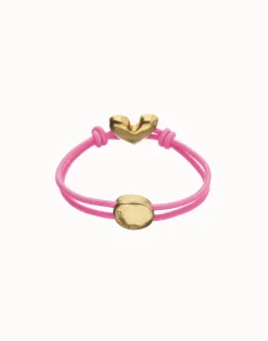 Pulsera de hilo elástico rosa con corazón bañado en oro 18k