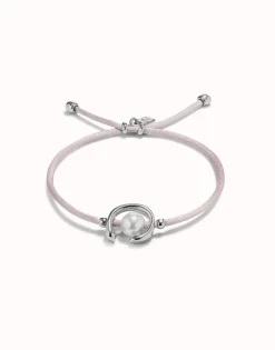 Pulsera de hilo lila con perla shell fornitura bañada en plata de ley.