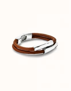 Pulsera doble cuero camel con dos tubos bañada en plata de ley