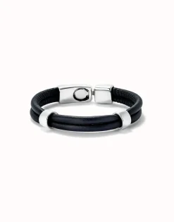 Pulsera doble cuero con 2 circunferencias bañadas en plata de ley