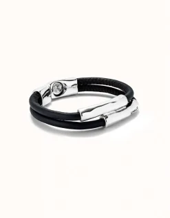 Pulsera doble cuero marron con dos tubos bañada en plata de ley