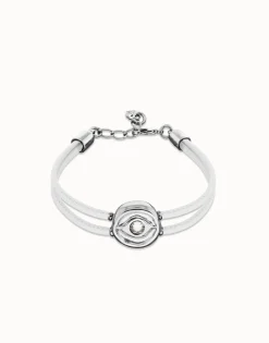Pulsera doble de cuero blanco con ojo bañado en plata de ley