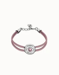 Pulsera doble de cuero lila con ojo bañado en plata de ley