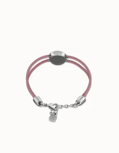 Pulsera doble de cuero lila con ojo bañado en plata de ley