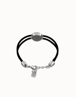 Pulsera doble de cuero negro con ojo bañado en plata de ley