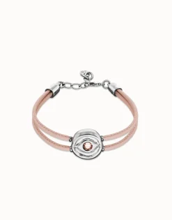 Pulsera doble de cuero rosa con ojo bañado en plata de ley