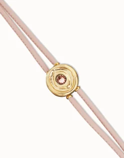 Pulsera doble de cuero rosa con ojo bañado en oro 18k