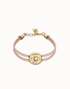 Pulsera doble de cuero rosa con ojo bañado en oro 18k