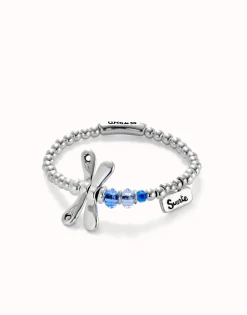 Pulsera elastica con libélula bañada en plata de ley con cristales azules