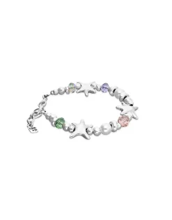 Pulsera elástica bañada en plata con cristales multicolor y estrellas de mar