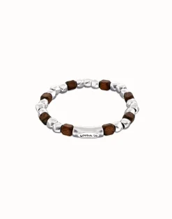 Pulsera elástica de cuentas en plata y madera