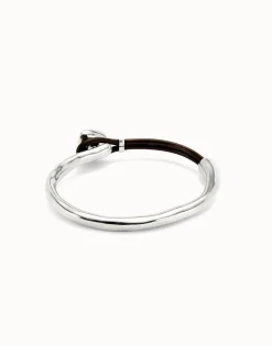 Pulsera fina bañada en plata de ley con cuero y cristal facetado verde