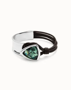 Pulsera rígida bañada en plata de ley con cuero y cristal facetado verde