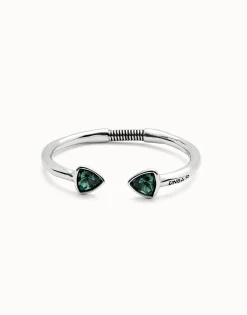Pulsera rígida bañada en plata de ley con dos cristales facetados verdes