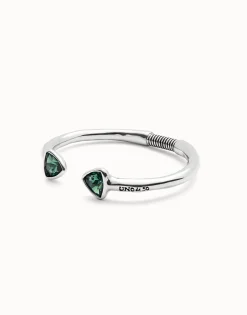 Pulsera rígida bañada en plata de ley con dos cristales facetados verdes