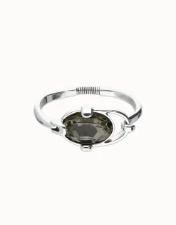 Pulsera rígida bañada en plata de ley con cristal facetado ovalado gris