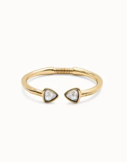 Pulsera rígida fina bañada en oro 18k con dos cristales facetados multicolor