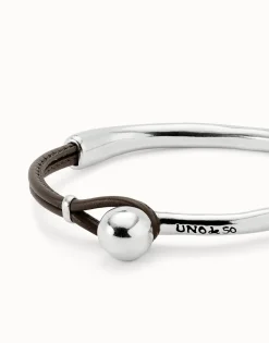 Pulsera semirígida bañada en plata de ley con cuero de color marrón