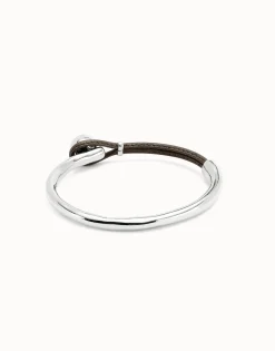 Pulsera semirígida bañada en plata de ley con cuero de color marrón